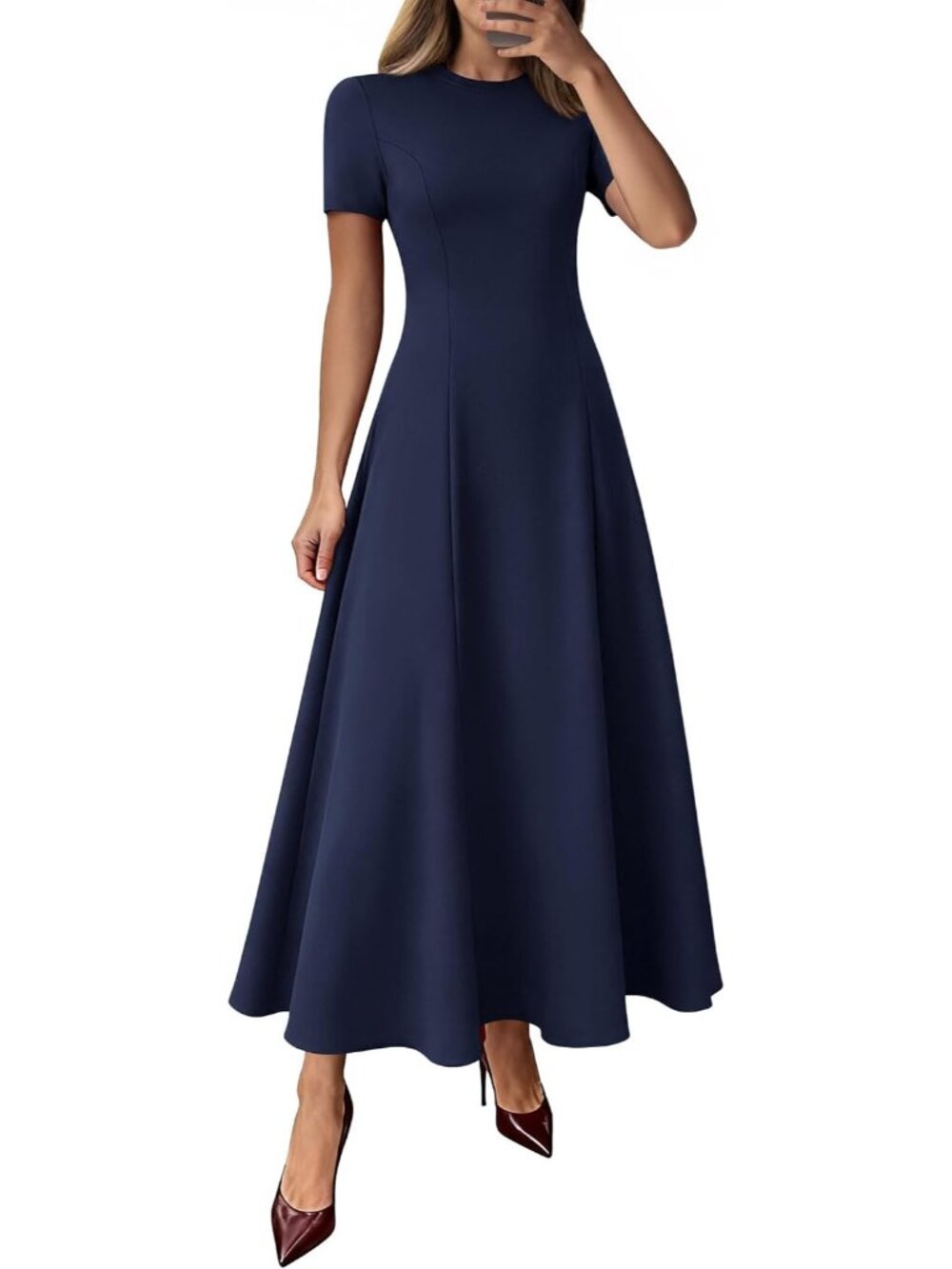 Women's Navy Blue Crewneck Short Sleeve A Line High Waist Wedding Maxi Dresses